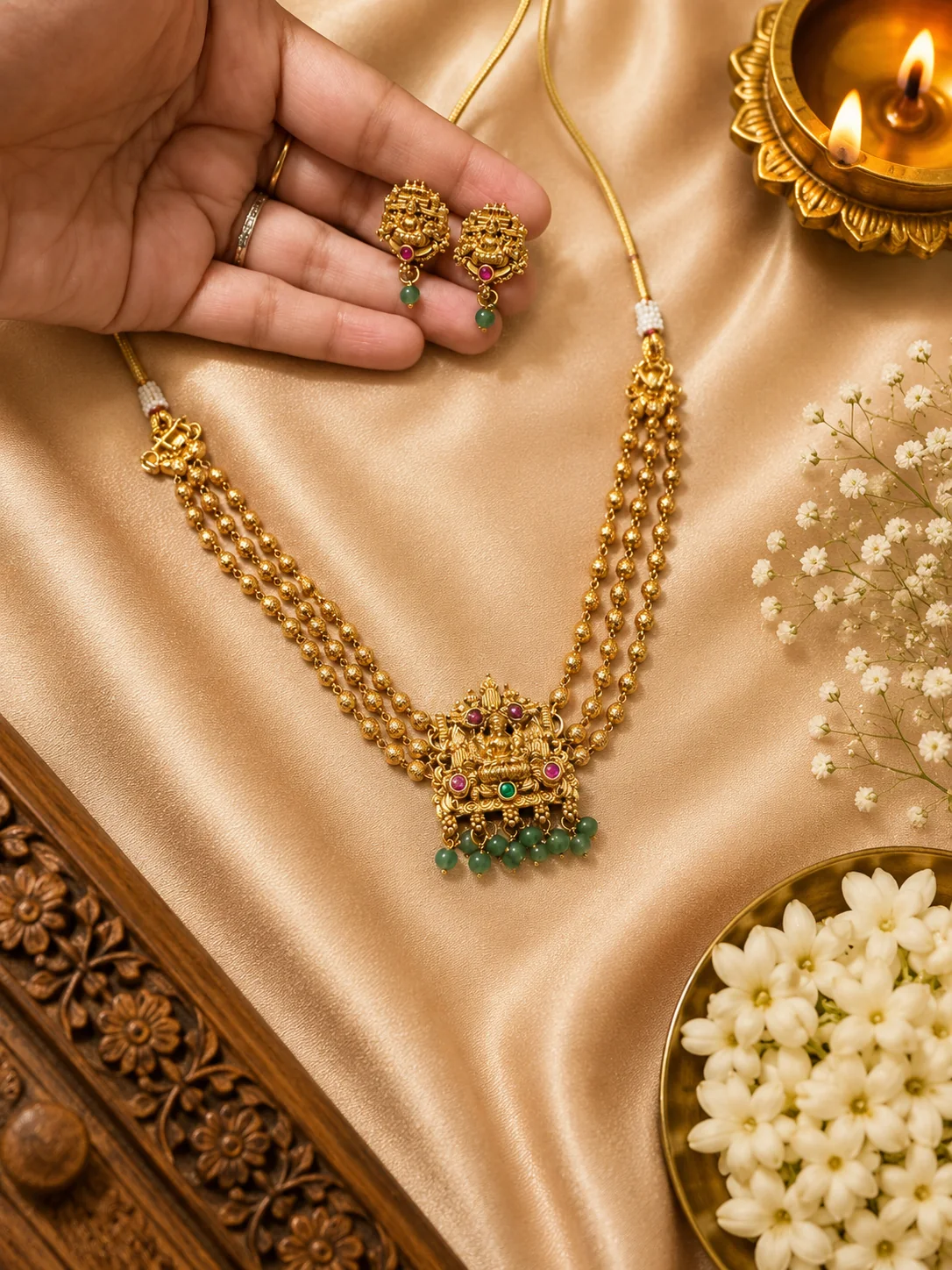 Three-strand bead necklace with a Lakshmi pendant and matching earrings held in a hand, beside a lit brass lamp and jasmine flowers